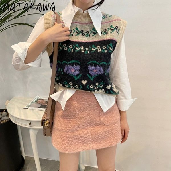 

matakawa korean fashion waistcoat round neck vintage jacquard knitted vest loose print sweater vest woman sleeveless coat women 210513, Black;white