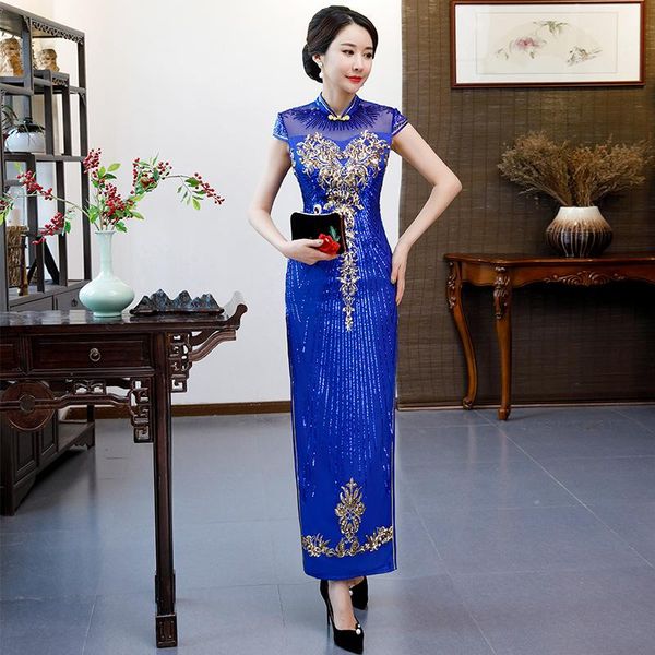 

ethnic clothing blue perspective lady cheongsam mandarin collar chinese vestidos vintage button plus size 3xl 4xl qipao banquet dress, Red