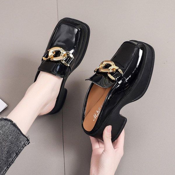 

slippers casual female shoes med square heel rivet women heels cover toe slides luxury 2021 summer block high metal decoration p, Black