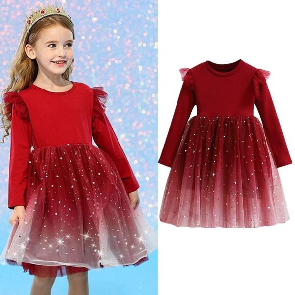 

girl's dresses autumn princess party girl dress winter year costume children wedding tulle fabric kids ceremony cosplay prom gown, Red;yellow