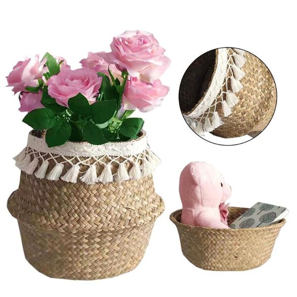 

double layer white tassel macrame woven seagrass belly basket for storage decoration bags