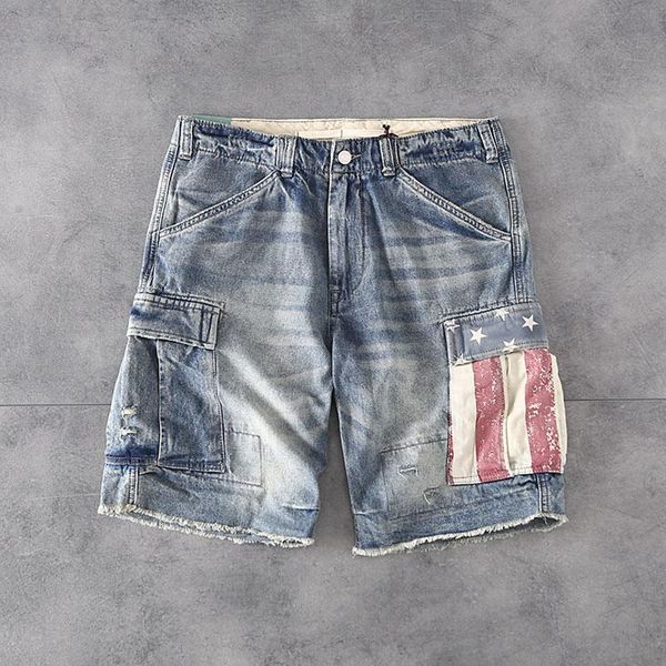 

men's jeans american street fashion men retro blue summer patch designer punk short big pocket hip hop cotton denim shorts