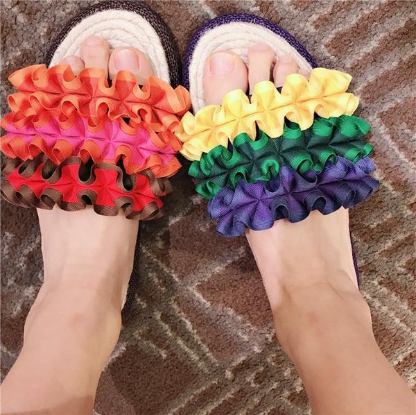 

slippers 2021 summer holiday style rainbow color straw braid fishermen shoes pleated ruffles flat sweet girl's beach, Black