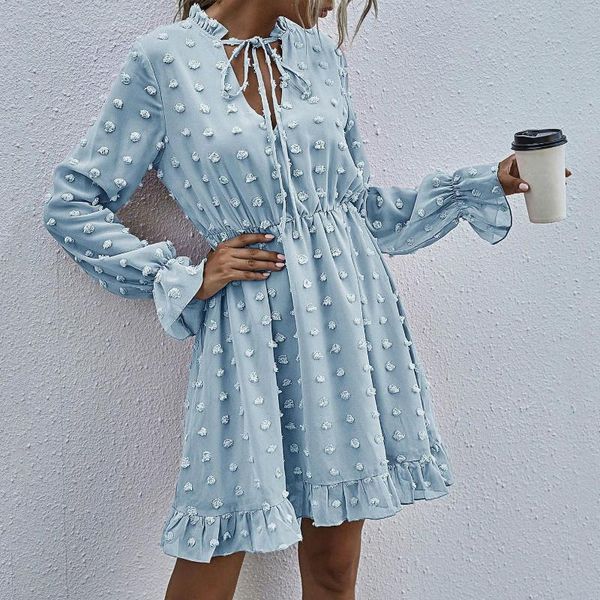 

casual dresses sweet ruffles vacation women mini dress boho hollow front cross off shoulder puff long sleeve lady beach chiffon sundress gv5, Black;gray