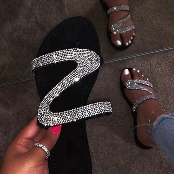 

women solid crystal slip on flats casual roman slippers plus-size flat outdoor fashion sandals anti-slip 35-43, Black