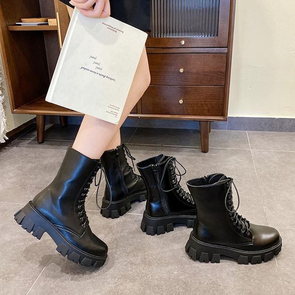 

boots brand women's shoes flat heel autumn boots-women zipper round toe fashion med rock ankle 2021 ladies black pvc basic cros