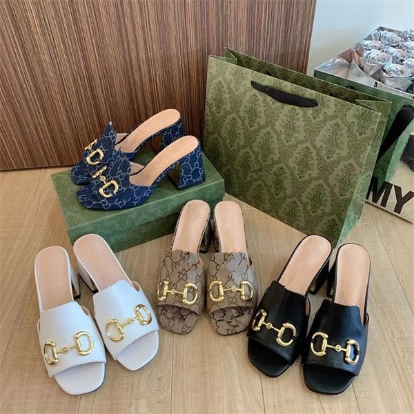 

60% off designer high version wear thick heels, one-sided slippers, square head sandals, horse's rank buckle, black