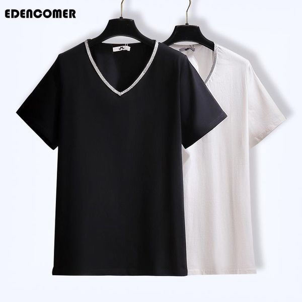 

women's t-shirt v-neck all-match thin korean fashion silver-edge bottoming t-shirts 2021 summer plus size women tshirts, White