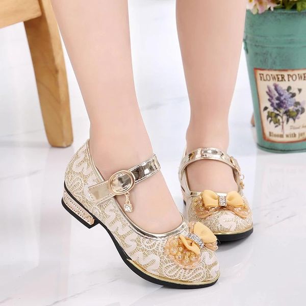 

classic leather shoes fashion lace bead bowtie low heel spring kids girls princess performance size 26-36 flat, Black;grey
