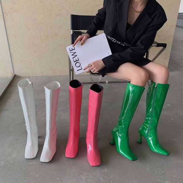 

boots bling couro patente mulheres joelho botas altas dedo do pÃ© quadrado rosa verde branco fino salto alto lado zÃ­per cavaleiro sapatos de, Black
