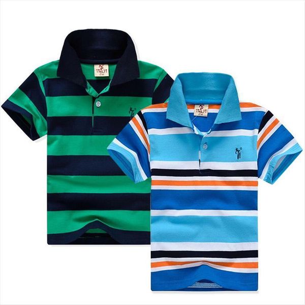 

1 7yrs kids boy summer rainbow stripes cotton children short sleeve t shirt turn down collar shirts boys clothes, Blue