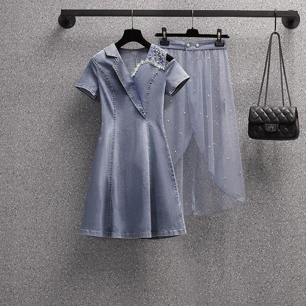 

plus size tracksuits elegant ladies two piece set fashion short sleeve slim denim dress + button mesh skirt summer women's outf, Black