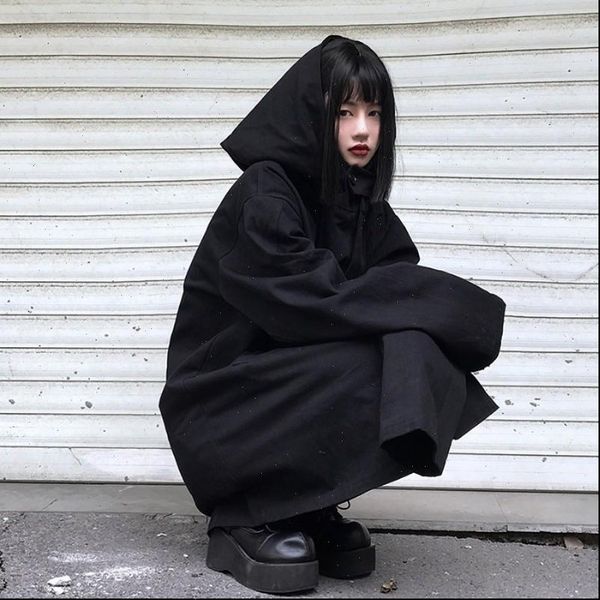 

womens fashion gothic punk hoodie jacket long sweatshirt section, Black