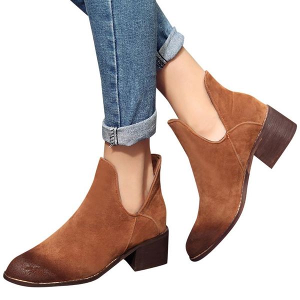 

boots women shoes woman retro heel slip on single scrub plus size ankle mujer zapatos de, Black