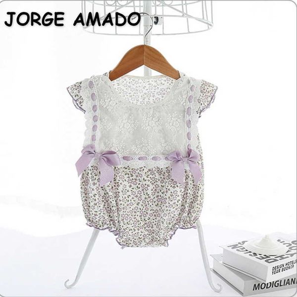 Venda Por Atacado verão meninas meninas sem mangas romper roxo floral rodada colarinho arco laço kids roupas e9208 210610