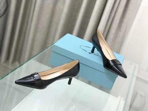 

women's mid heels genuine leather pumps pointed toe ladies dress shoes chic shoe woman fashion designer, Black