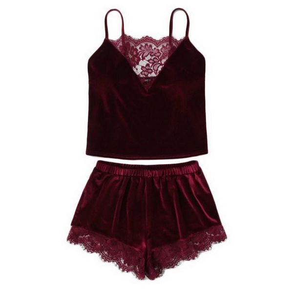 

solid fashion 2pcs velvet womens sleepwears lace spaghetti strap shorts pajama set ladies female party, Black;red