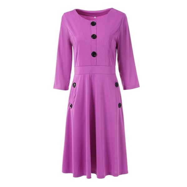

casual dresses women o-neck three quarter red dress fashion button slim tunic 2021 autumn office lady knee-length, Black;gray