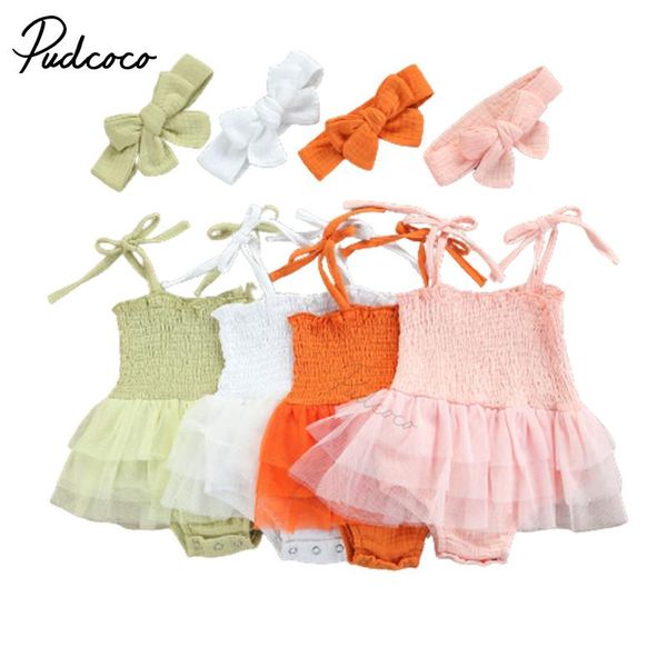 

rompers baby & children's girl clothes born summer tie up solid color boat neck spaghetti strap tulle romper bowknot headband, Blue