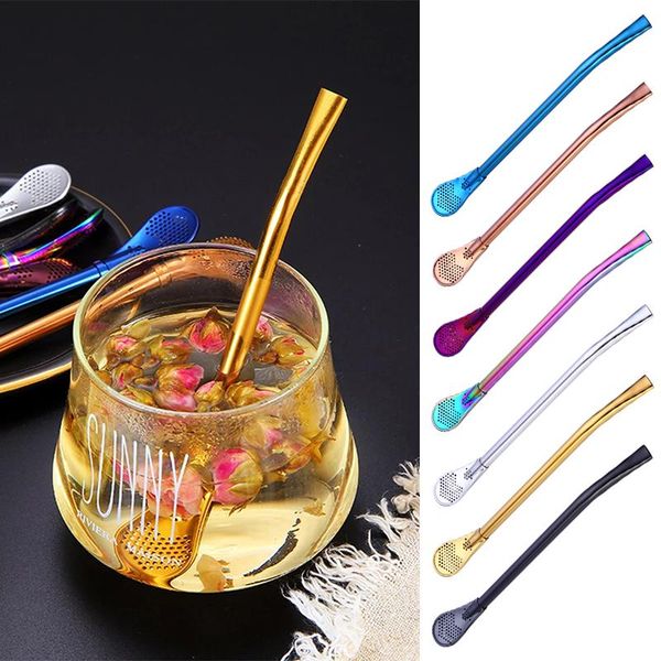 

spoons 2 in 1 straw spoon stainless steel reusable drinking straws double filter flat smooth design for cocktail