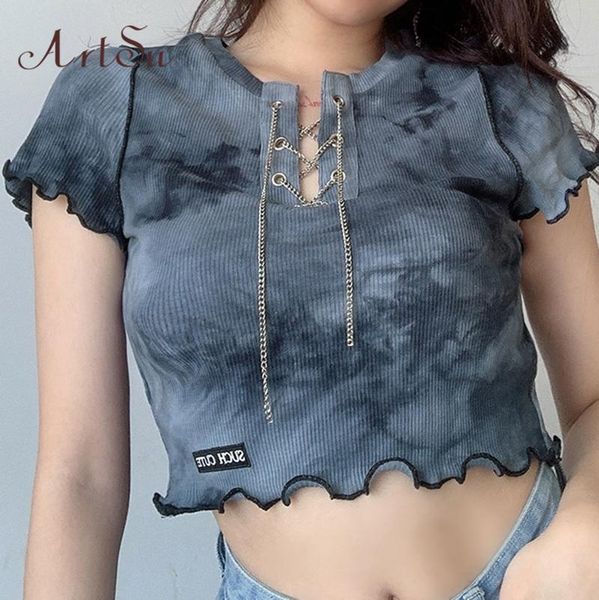 

women's t-shirt gray tie dye print short sleeve crop t shirt chains punk casual women tee summer ts41490, White