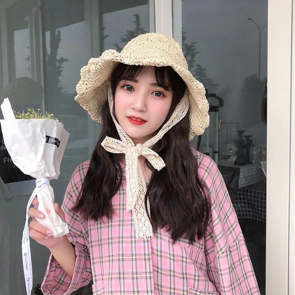 

wide brim hats little fresh day with versatile lace tie bow for female summer outing big beach hat and straw, Blue;gray