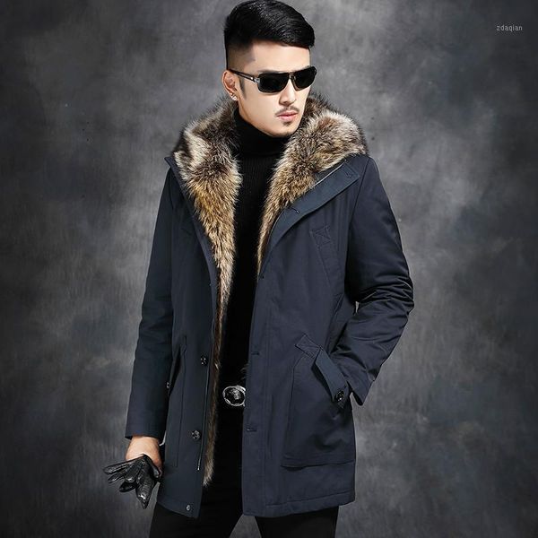 

men's leather & faux real fur coat natural liner parka winter jacket men raccoon collar warm parkas plus size l17-1312 yy344, Black