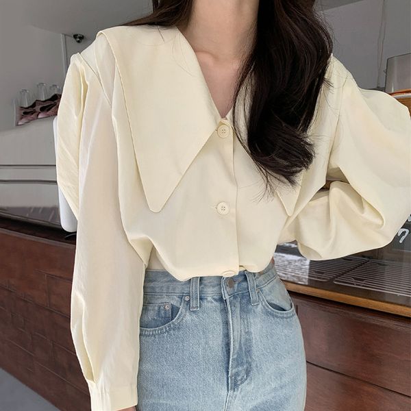 

spring women fashion sweet casual blouse pointed collar long puff sleeve minimalist apricot loose shirt 8p117 210510, White