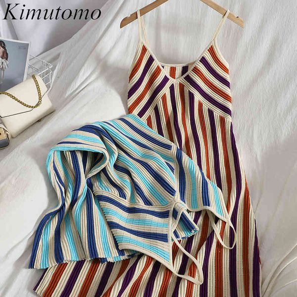 

kimutomo color matching striped dress women spring summer korean knitted thin age reducing slim waist vestido feminino 210521, Black;gray