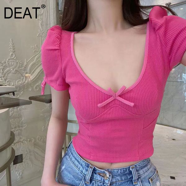 

[deat] deep v-neck high waist short sleeved t-shirt women bow tie bubble short sleeve style y2k summer gx762 210428, White