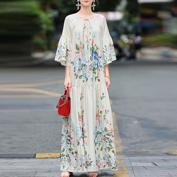 

casual dresses designer fashion women maxi long dress spring summer flare sleeve bow flower print elegant ankle-lenght female party, Black;gray