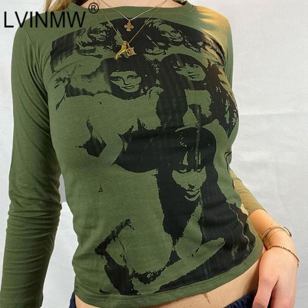 

women's t-shirt lvinmw graphic t shirts long sleeve casual stylish printed women clothing portrait o neck navel slim crop autumn street, White