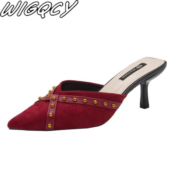 

slippers 2021 women's shallow pointed flock thin heels summer outside party rivet ladies zapatos de mujer, Black