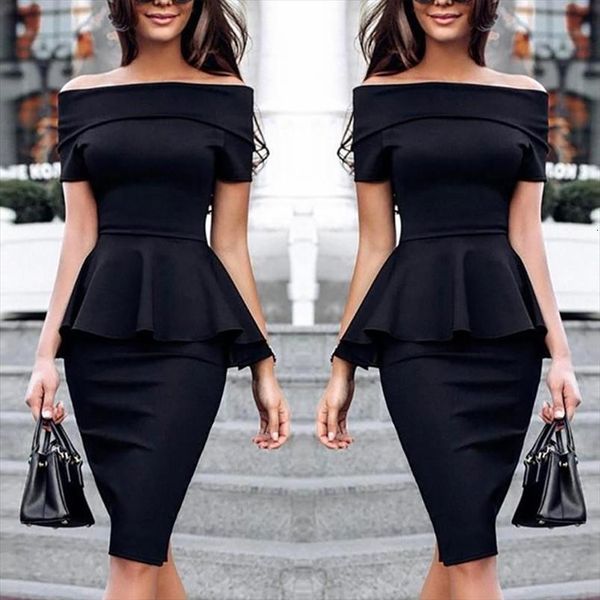 

elegant short sleeve women dresses slash neck ruffles summer professional ol office lady solid vestidos, Black;gray