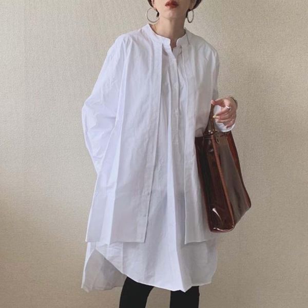 

korean fashion women blouse 2021 spring summer long sleeve fake two piece patchwork pullover loose white shirts female women's blouses