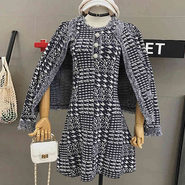 

skirt women two parts set autumn male chess borla cardigan mango-coat + joint diamond button elegant dress collection kvv3, Black