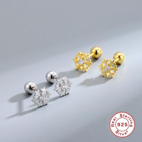 

stud aide gold silver color ear bone piercing luxury earing anniversary gift 925 sterling zircon snowflake screw earrings, Golden;silver
