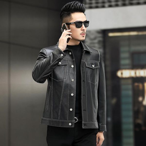 

men's leather & faux product single-breasted fashion urban stitching decoration lapel slim-fit motorcycle jacket ja, Black