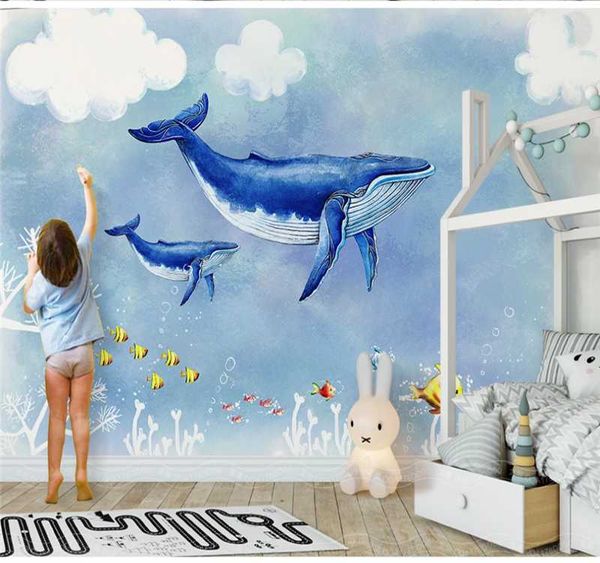 

wallpapers customized large wallpaper 3d mural hand-painted cartoon seabed sky whale children's interior decoration wallcovering