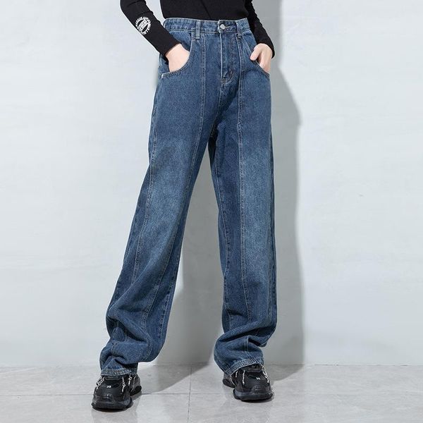 

women's jeans superaen 2021 autumn straight for women plus size pockets full length distressed wide leg pants, Blue