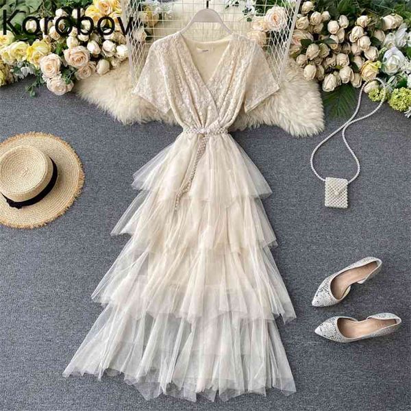 

korobov chic sweet lace hollow out party night dress new summer short sleeve v neck dresses mesh patchwork cake robe 210430, Black;gray