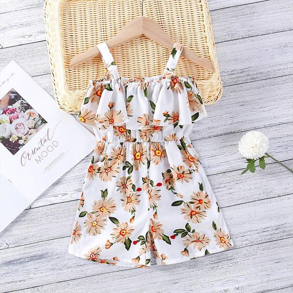 

girls romper one pieces kids clothes flower print jumpsuit childrens pants summer sleeveless strap princess casual, Blue