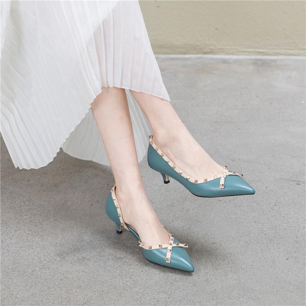 

dress shoes ymechic summer 2021 real leather stiletto heels butterfly knot rivets studded ladies beige blue slip on women pumps, Black