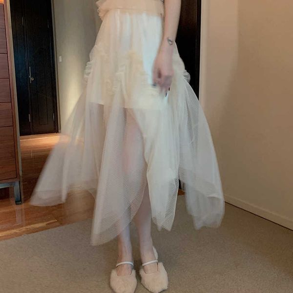 

temperament high waist white mesh irregular skirts women slim a line mid length faldas mujer fashion elegant summer korean 210610, Black