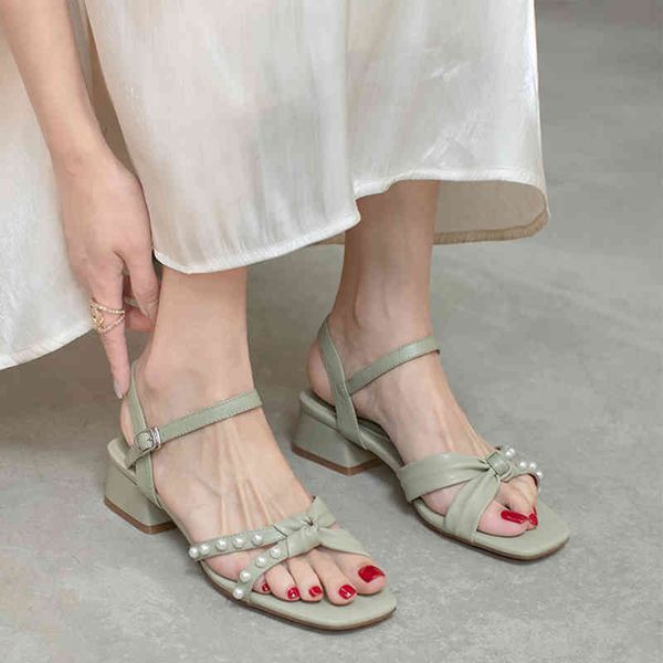 

sandals genuine pearl-studded square leather med heels summer sheos for butterfly-knot woman female career fairy dating sandals 6g9w, Black