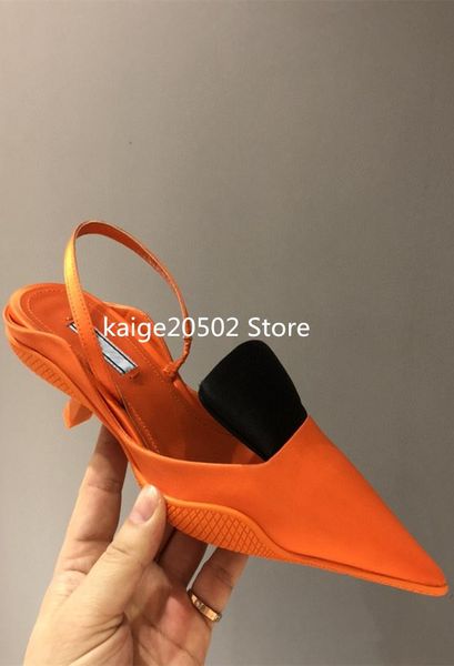 

sandals 2021 pointed cat high heels pumps ladies silk satin mixed color heel spring t show shoes wedding, Black