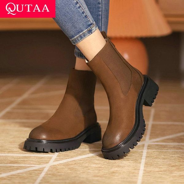 

boots qutaa 2022 cow suede autumn winter ankle square med heel ladies shoes retro round toe slip on women size 34-41, Black