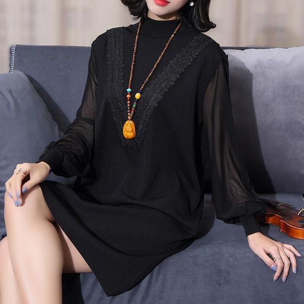 

casual dresses women s clothing christmas pullover jurken work black knitted chiffon lace floral dress plus size long 2021 autumn, Black;gray