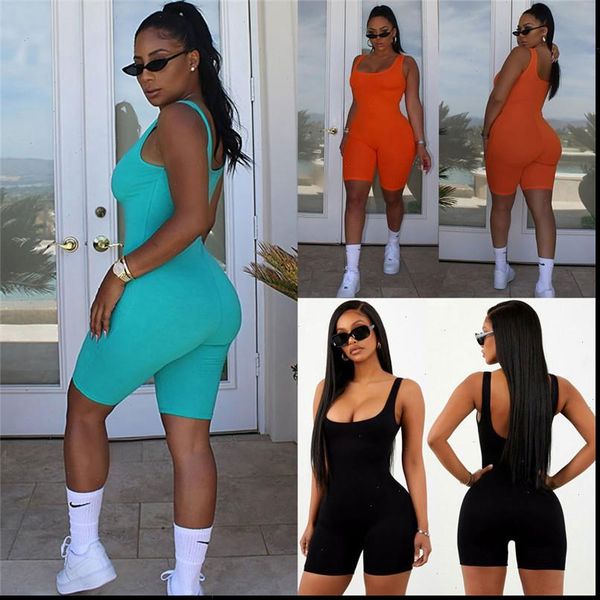 

sleeveless bodycon bodysuit slim women jumpsuits fit sports short pants club backless biker shorts playsuit, Black;white