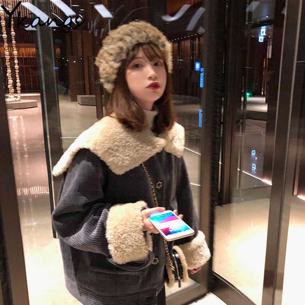 

winter thicken warm corduroy jacket women long sleeve lambswool coat female korean red gray brown casual outwear parkas 210619, Black;brown